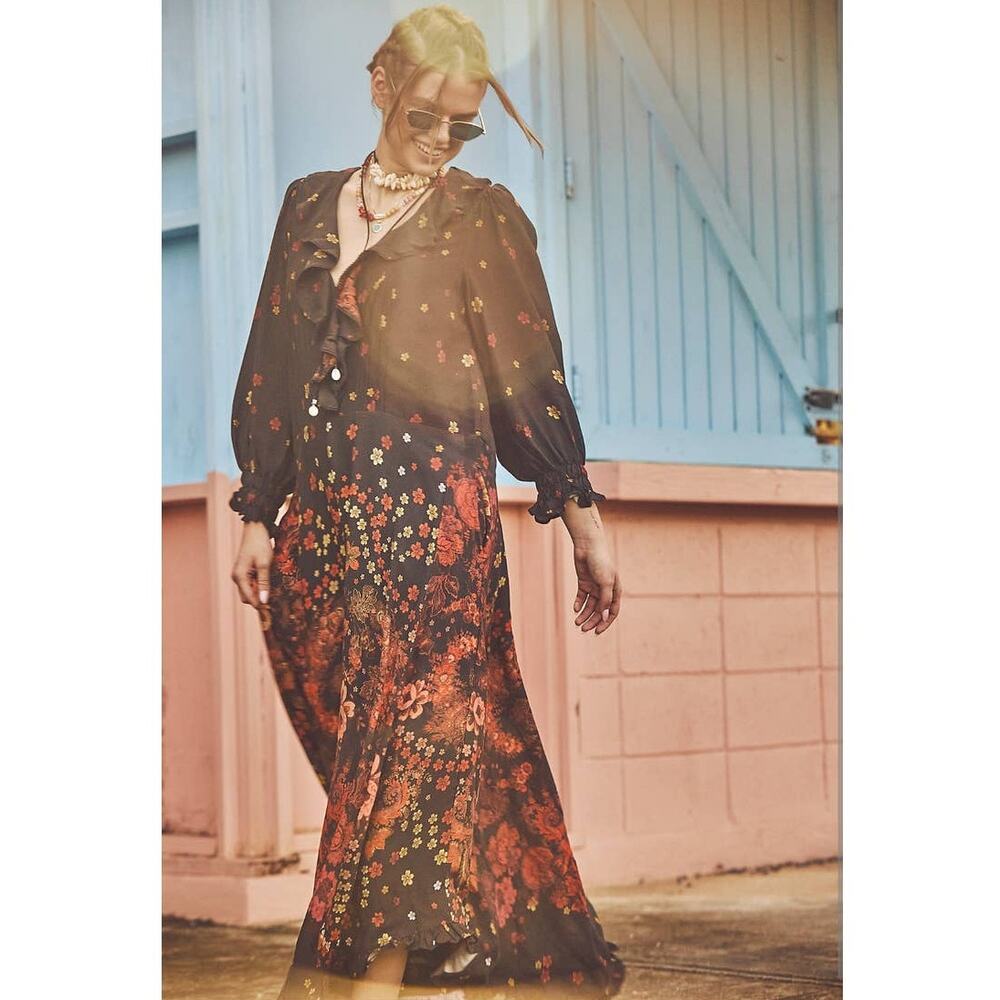 New Free People Talsey Maxi Dress $198 MEDIUM Black Floral